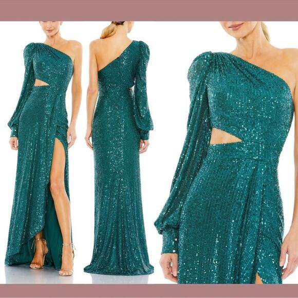 NWT Ieena Mac Duggal Sequined One Shoulder Cut Out Gown Teal Emerald sz 2 Formal - Picture 1 of 10